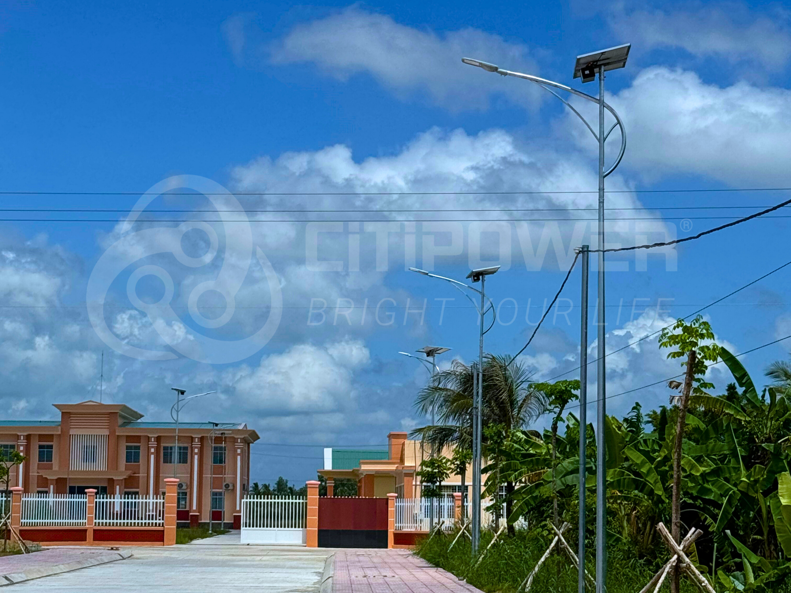 Toàn cảnh hệ thống đèn đường năng lượng mặt trời CiTiPOWER được lắp đặt tại huyện An Biên, tỉnh Kiên Giang.