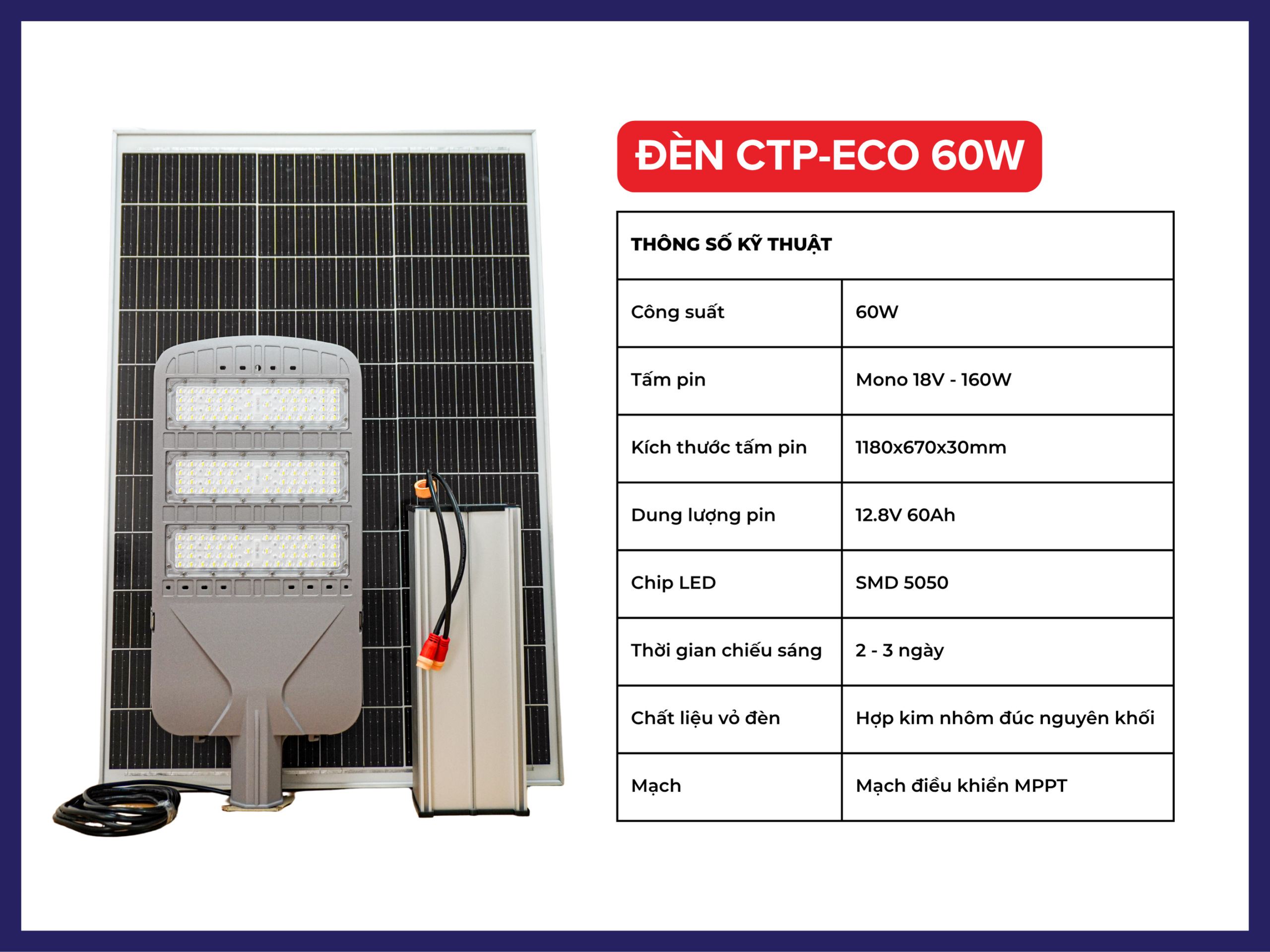 Thông tin đèn LED năng lượng mặt trời CTP-ECO 60W